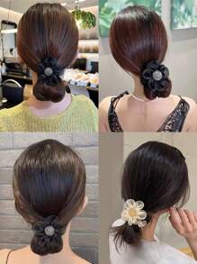 Aylhfo Set de 3 accesorios para el cabello de niña con diseño floral, que incluye: 1 coletero de flor de organza beige, 1 flor marrón y 1 liga para el cabello negra para uso diario