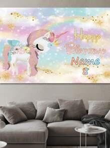 1pc Customized Rainbow Unicorn Happy Birthday Party Decoration Watercolor Floral Glitter Stars Photography Backdrop, Customizable Name And Age