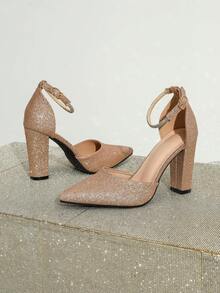 Pointed Toe High Heel Shoes With Rhinestone Strap, Elegant And Noble, Suitable For Formal Party, Fashionable Hollow-Out Style For Women - Champagne - View 7