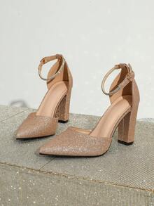 Pointed Toe High Heel Shoes With Rhinestone Strap, Elegant And Noble, Suitable For Formal Party, Fashionable Hollow-Out Style For Women - Champagne - View 6