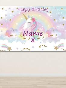 1pc Customized Rainbow Unicorn Happy Birthday Party Decoration Watercolor Floral Glitter Stars Photography Backdrop, Customizable Name And Age