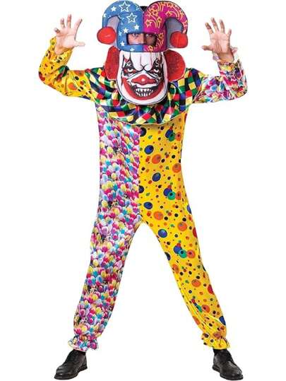 Bristol Novelty Multicolor Big Head Clown Costume Set Jumpsuit And Headpiece Adult Halloween Fancy Dress Costume Horror Creepy Clown Circus Themed Outfit