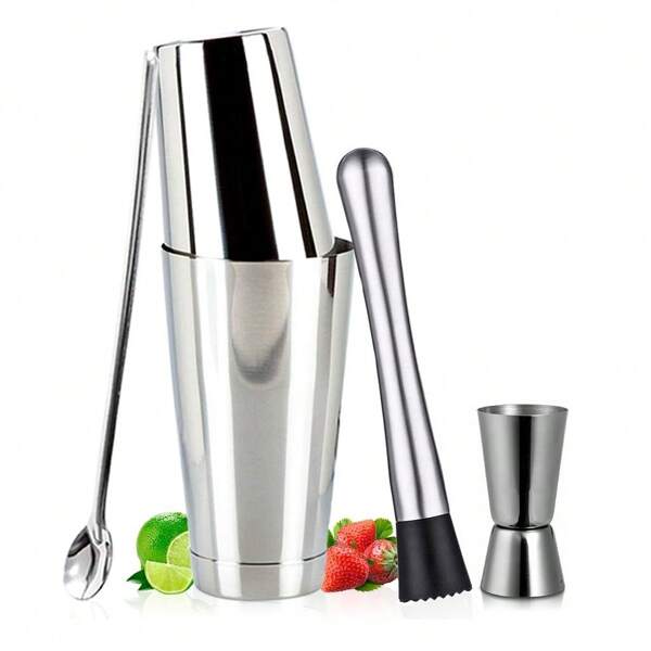 Kit Coqueteleira tipo boston barman Coqueteleira Dupla socador macerador colher dosador kit 4 Itens