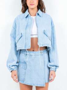 Women's Casual Denim Jacket Basic Drawstring Waist Crop Denim Top Relaxed Fit Light Blue Long Sleeves Zip Up Closure Solid Color Perfect For Spring/Summer/Fall Any Occasion