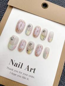 10 件指尖浪漫可穿戴短圆指甲颜色渐变法式手绘花朵亮丽优雅美甲设计日常使用和节日派对礼物配女孩美甲用品 - 彩色 - 查看 2