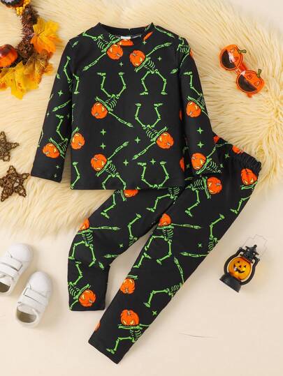 2pcs Young Boys Funny "Trick Or Treat" Glow In The Dark Skull, Pumpkin Print Long Sleeve Sweatshirt And Pants Halloween Outfit, Fall
