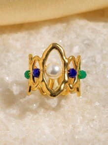Mazuer 1 Stück vintage goldfarbener vielseitiger eleganter modischer saphirblauer Blatt Blumen doppelseitiger Tropfen Öl Baumstumpf Schmuck Ring, modisches Accessoire Geschenk für Frauen, geeignet für Strand, Party, täglichen Weg zur Arbeit, Urlaub