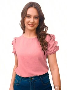 Women's Tailored Formal T-Shirt Blouse - 藕粉色 - 查看 1