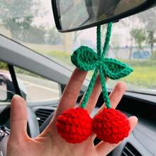 onEternal Handmade Crochet Cherry Pendant Ornament, Car Interior Decor