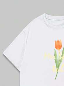 Flower T-Shirt With Phrase Unisex Blouse Premium Print Casual Comfort Streetwear - 白色 - 查看 4