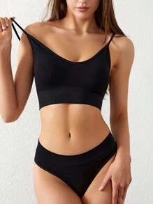 4sets Women Wireless Padded Push-Up Triangle Cup Bras Sets With Seamless Sports Vest And Briefs, Solid Color Two Pieces Set Women 2 Pieces Set