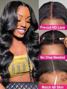 Eulisi Wear And Go 无胶假发 人发 预拔 预剪 5x5 蕾丝闭合假发 波浪前蕾丝假发 女士人发 180 密度 自然黑色 - S1 - 查看 3