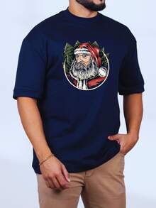 Men's Streetlife Oversized T-Shirt Santa Print Wide Sleeve Casual - 藏蓝色 - 查看 1