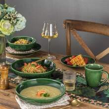 Vicrays Salad Pasta Serving Bowls - Large Ceramic Wide Shallow Bowls Set 47 Ounces Big Dinner Plates Bowls Porcelain 10 Inch Low Flat Design Soup Bowl Microwave Dishwasher Safe (Green)