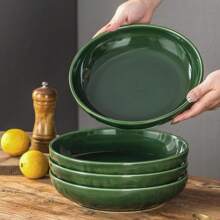 Vicrays Salad Pasta Serving Bowls - Large Ceramic Wide Shallow Bowls Set 47 Ounces Big Dinner Plates Bowls Porcelain 10 Inch Low Flat Design Soup Bowl Microwave Dishwasher Safe (Green)