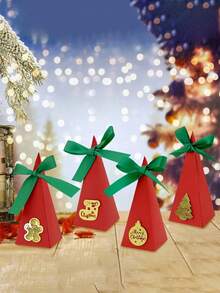 10 个金色圣诞礼盒，圣诞派对纸盒包装，三角形圣诞纸盒配圣诞树、丝带和卡片标签，适合节日派对礼品和装饰品，可购买 1 个试用（图案随机发货） - 彩色 - 查看 4