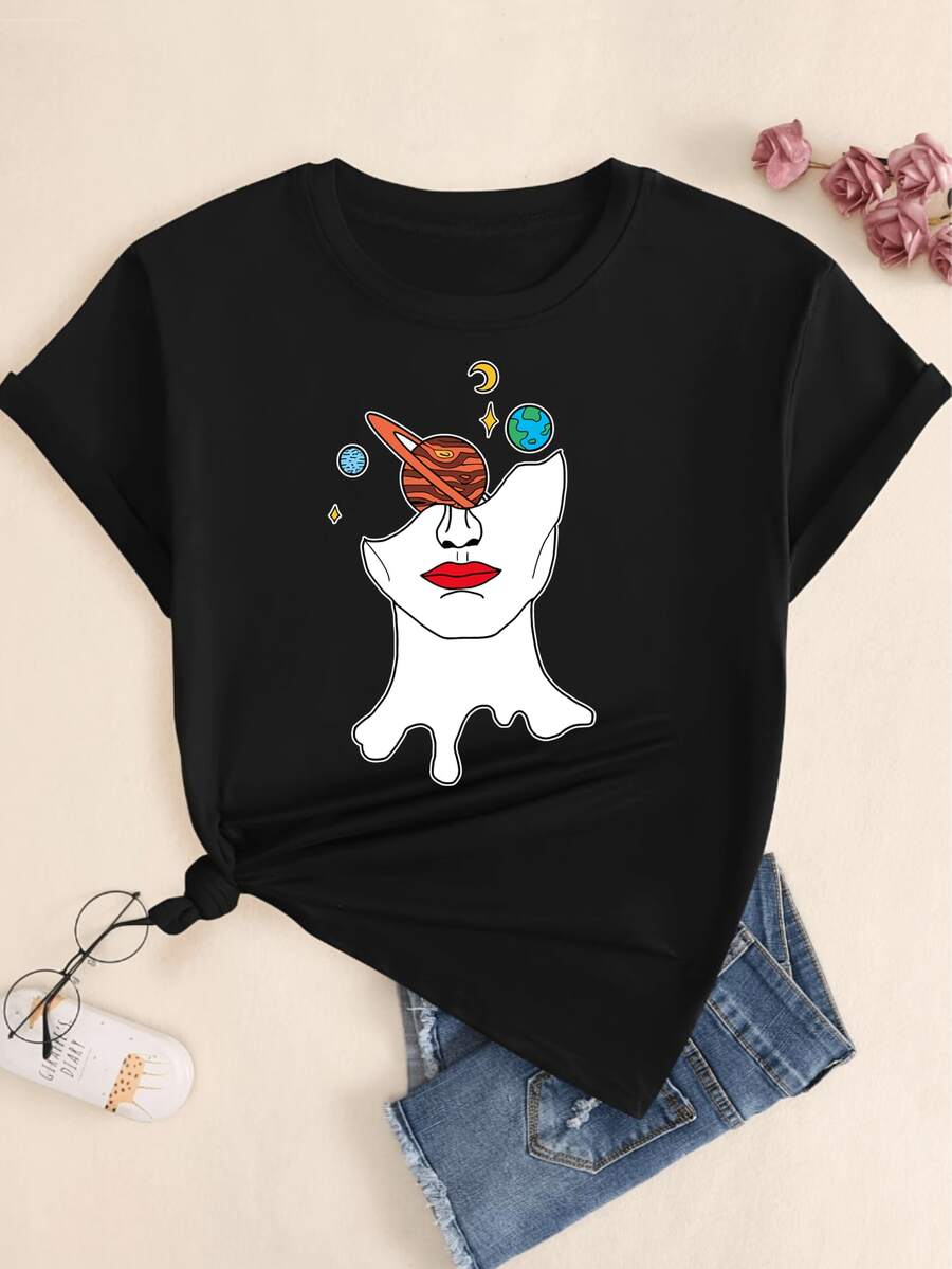 Art Face Planet Printed T-Shirt Women's Fashion Premium T-Shirt - 黑色 - 查看 1