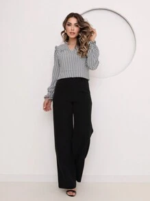 Women's Long Sleeve Striped Blouse With V-Neck And Puffy Skirt - 灰色的 - 查看 4