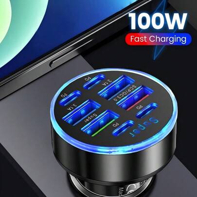 Caricabatterie per auto a ricarica rapida da 100W con 8 porte, compatibile con iPhone e USB-C PD, hub di ricarica per auto ad alta velocità con connettori USB, maschio-femmina, senza batteria inclusa