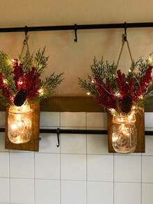 1 套（3 件）逼真的绿色植物迷你花束 - 松树和红色浆果，适合圣诞节冬季装饰、桌面、房间、家居