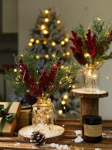 1 套（3 件）逼真的绿色植物迷你花束 - 松树和红色浆果，适合圣诞节冬季装饰、桌面、房间、家居