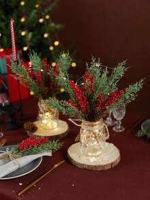 1 套（3 件）逼真的绿色植物迷你花束 - 松树和红色浆果，适合圣诞节冬季装饰、桌面、房间、家居