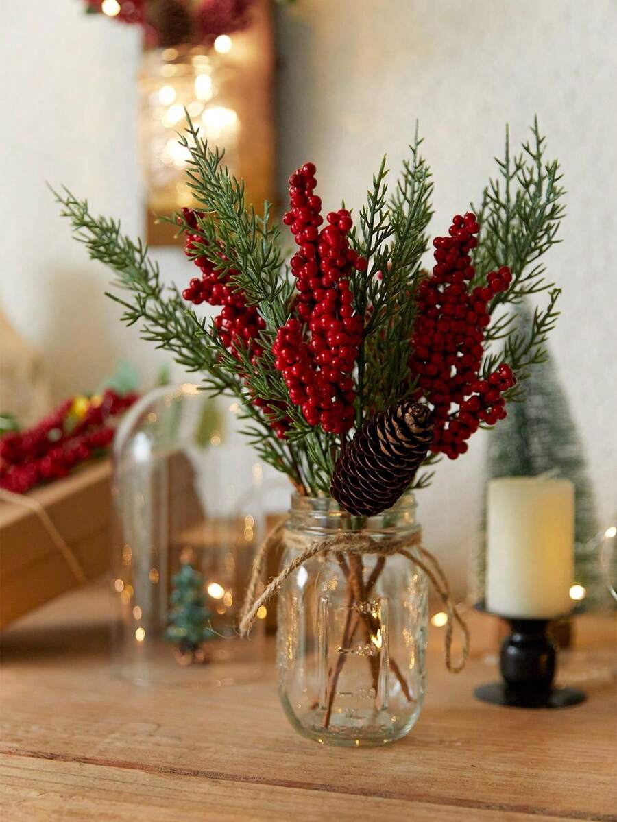 1 套（3 件）逼真的绿色植物迷你花束 - 松树和红色浆果，适合圣诞节冬季装饰、桌面、房间、家居