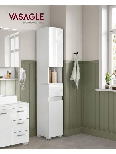  VASAGLE Tall Bathroom Cabinet, Slim Storage Cabinet, Narrow Cupboard, Bathroom Storage Unit, With A Drawer, Adjustable Shelves, 30 X 30 X 170 Cm, White