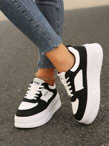 新款女士运动鞋厚底休闲运动鞋高帮时尚百搭平底户外跑步鞋，秋季 - 黑色 - 查看 5