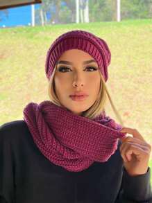 Unisex Knit Infinity Beanie And Scarf Set Soft Wool Winter Fashion - Purple - View 2