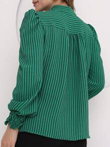 Women's Long Sleeve Blouse Striped Social Puffed V Neck - 綠色的 - 查看 3