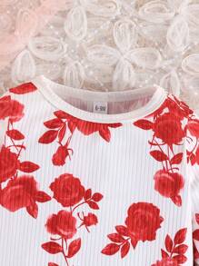 4pcs/Set Baby GirlLong Sleeve Rose Print Crew Neck T-Shirt And Solid Rose Print Pants Set, Spring/Autumn - Multicolor - View 4