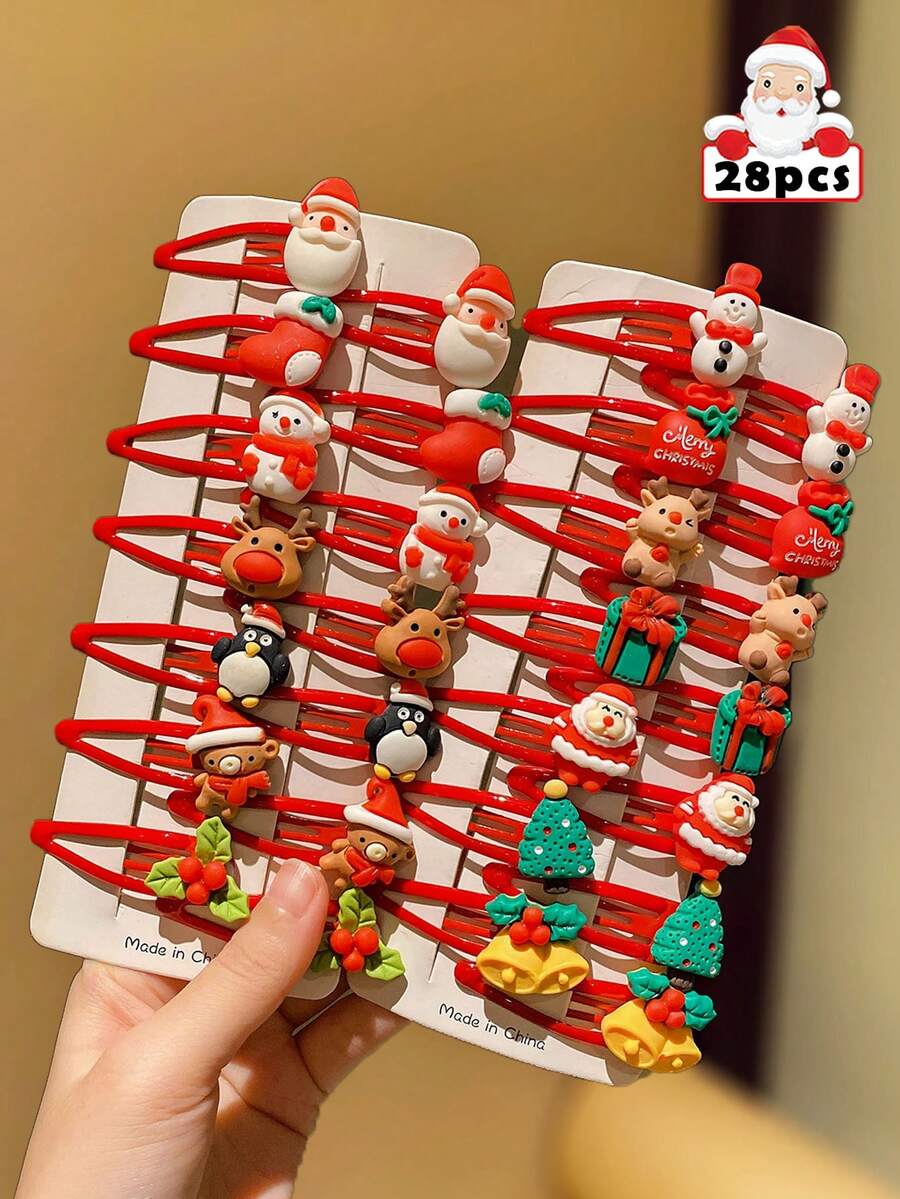 28pcs Christmas Element Hair Clips & Hair Ties Set, Christmas Gift For