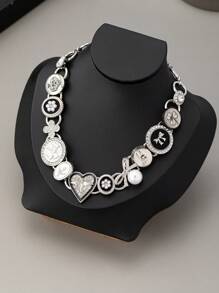 1 Stück Vintage Punk Gothic Stil Zinklegierung Knopf, Herz, Schleife, Kunstperle und Strass Dekor Kette Halskette, geeignet für tägliches Tragen von Mädchen, Valentinstag, Mama, Mutter, Muttertag, Geschenk - Verschiedenfarbig - Übersicht 2