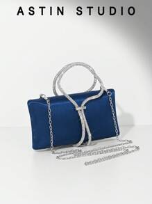 1pc Shiny Rhinestone Decor Box Clutch Purse, Satin Banquet Bag, Formal Party Evening Bag, Chain Shoulder Bag, Fashion Formal Dress Clutch Bag, Wedding Party Bag