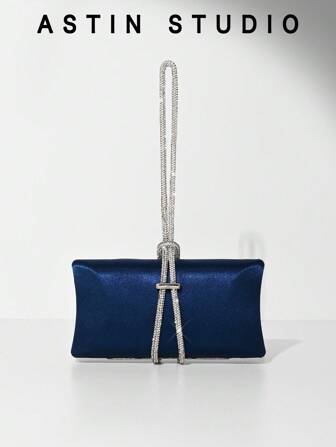 1 pieza Bolso de mano tipo clutch decorado con brillantes de rhinestone, bolsa de satén para banquete, bolso de fiesta formal, bolso de hombro con cadena, bolso clutch de vestido formal de moda, bolso para fiesta de boda