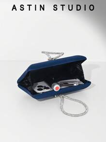 1pc Shiny Rhinestone Decor Box Clutch Purse, Satin Banquet Bag, Formal Party Evening Bag, Chain Shoulder Bag, Fashion Formal Dress Clutch Bag, Wedding Party Bag