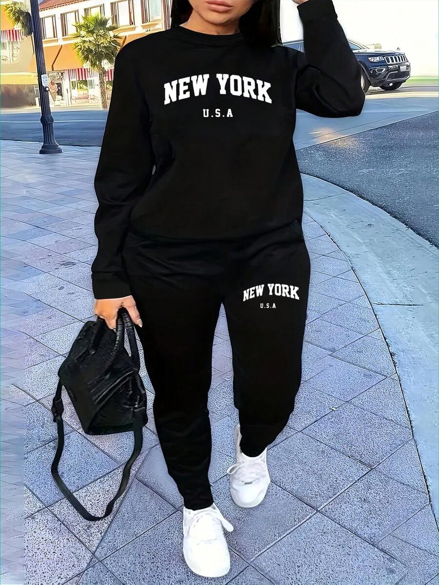 New York Printed Women Casual Sweatsuit Set, Suitable For Autumn/Winter, Chinese New Year, Lunar New Year, Year Of The Horse, Spring Festival, Happy New Year, Valentine's Day, Valentine's Day Gift, Gift For Her On Valentine's Day, Back To School Clothes, School Outfit Ideas, Back To School Essentials, First Day Of School Outfit, Back To School Outfits 2026 - Black - View 1