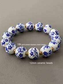 MESTILO 1 pulseira de contas de aço inoxidável banhada a ouro 18K, design de porcelana imitada, cordão elástico