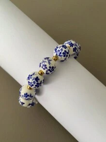 MESTILO 1 pulseira de contas de aço inoxidável banhada a ouro 18K, design de porcelana imitada, cordão elástico