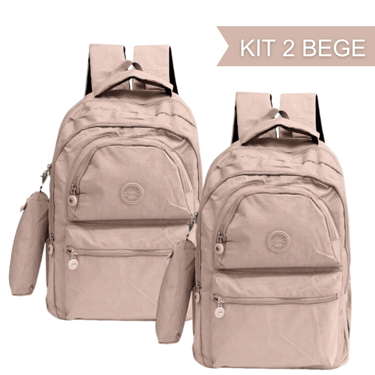 Kit 2 Women's School Backpacks Reinforced Waterproof Nylon College Stylish - 米色 - 查看 1