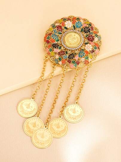 1pc Vintage Colorful Floral Brooch, Gold Coin Tassel Pendant, Suitable As Scarf Clip, Ideal For Women's Daily And Holiday Wear, Gift For Valentine's Day, Mother's Day