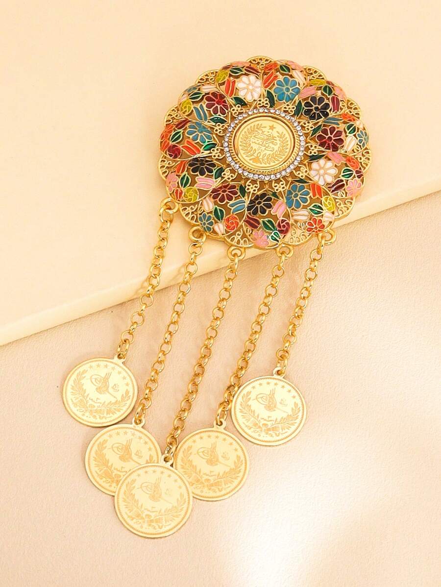 1 pezzo Spilla vintage floreale colorata, ciondolo con nappina a moneta d'oro, adatta come fermaglio per sciarpa, ideale per uso quotidiano e vacanze delle donne, regalo per San Valentino, Festa della Mamma - Oro giallo - Visualizzare 1