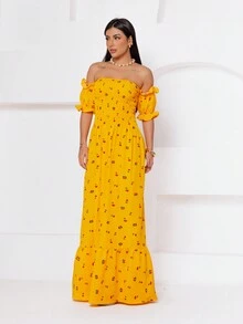 Long Dress With Puff Sleeves, Cherry Print - Yellow - View 3