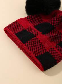 1pc New Red Black Checkered Double Ball Hat Winter Warm Christmas Hat Suitable For Children's Warmth - Red - View 9