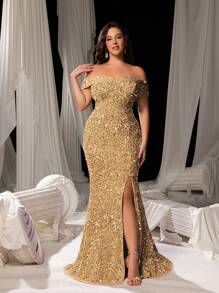 Faeriesty Curve Plus Elegant Sequin Off-Shoulder Mermaid Gown With High Slit - Shimmering Evening Wear For Red Carpet Events, Luxury Weddings, Glam Party Dresses & Formal Banquets