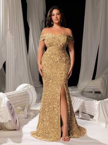 Faeriesty Curve Plus Elegant Sequin Off-Shoulder Mermaid Gown With High Slit - Shimmering Evening Wear For Red Carpet Events, Luxury Weddings, Glam Party Dresses & Formal Banquets