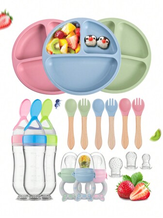 8PCS-1set Of Children's Tableware Set, Silicone Dining Plate With Adsorption Chassis, Wooden Handle, Fork Spoon, Silicone Confusion Bottle, Bite Le Fruit And Vegetable Feeder Pacifier Set, Baby Silicone Pacifier Gifts