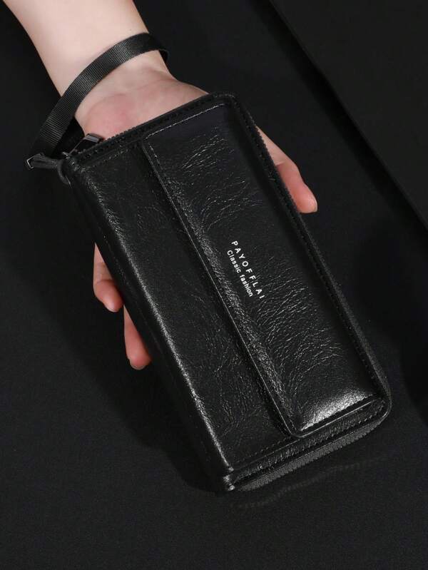 Billetera de hombre de doble capa de piel PU con hebilla, monedero para tarjetas bancarias con cremallera, billetera esencial, billetera grande para hombres, monedero, billetera larga, billetera de muñeca