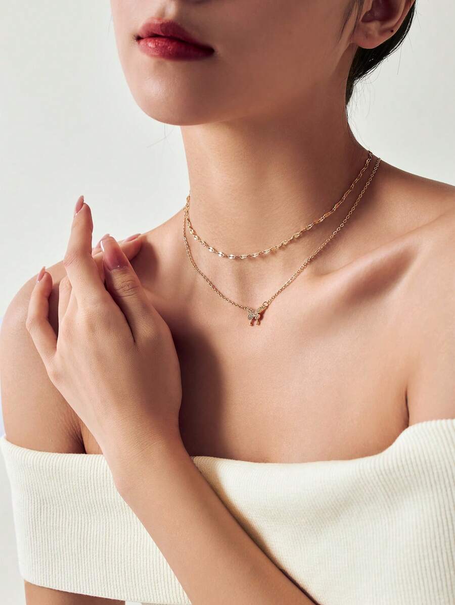 Nooxian 2 chiếc/Bộ mặt dây chuyền bướm nhiều lớp thời trang tối giản, dây chuyền cổ thanh lịch cho nữ - Vàng - Xem 1